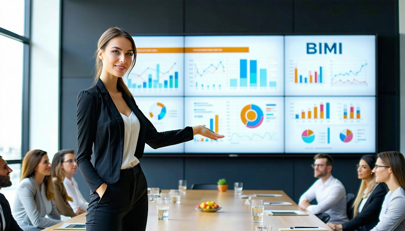 A confident woman in her midthirties stands in front of a large conference room dressed in smart business casual attire that consists of tailored trousers and a chic blouse Her hair is neatly styled and she exudes professionalism as she gestures towa-1