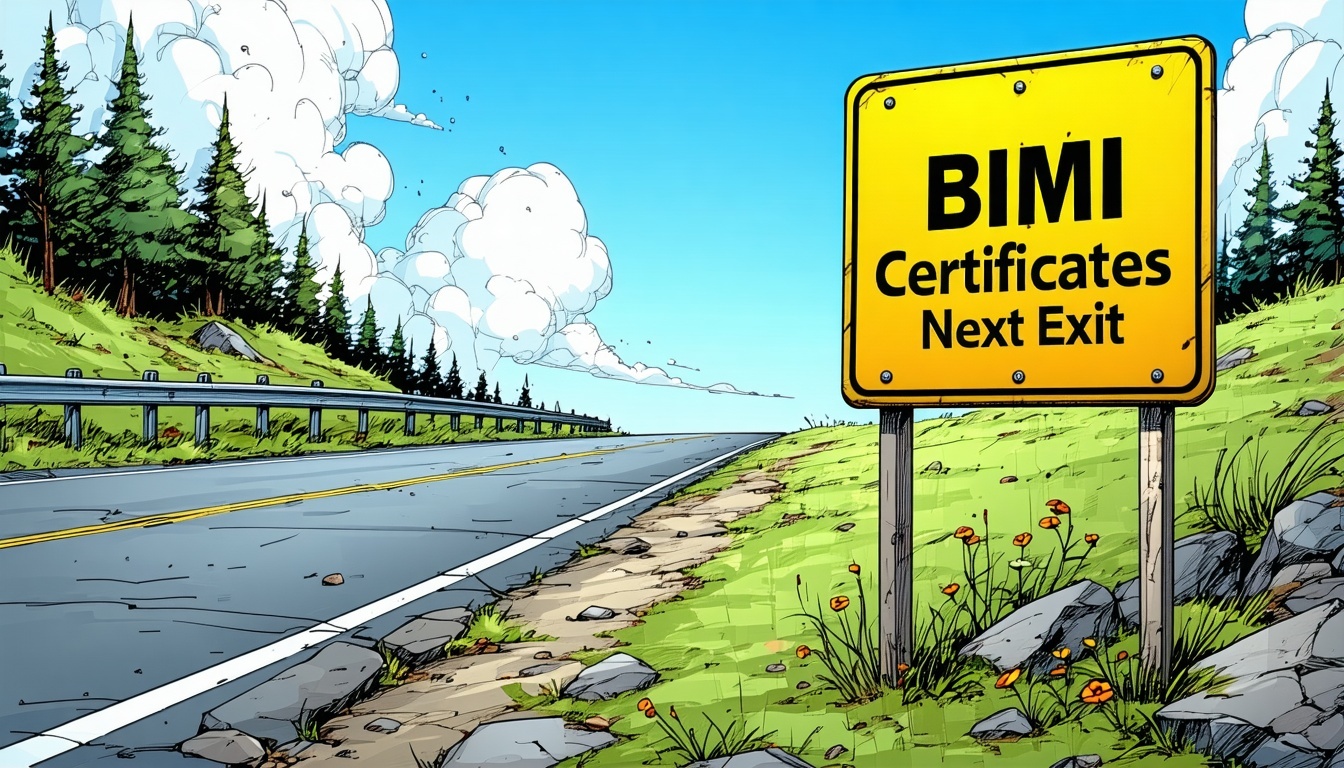 Milestones by the road and sign BIMI Certificates Next Exit-1