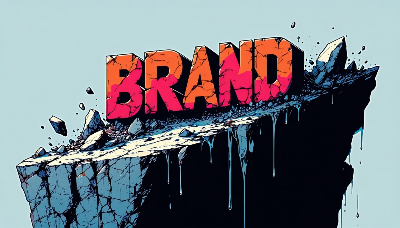 The word BRAND is depicted as a bold stylized text teetering precariously at the edge of a steep rugged cliff The letters rendered in a striking color seem to be losing their grip on the rocky surface with a few edges crumbling away and fragment