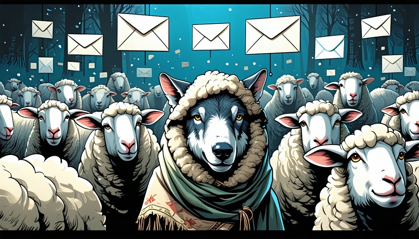 Wolf dressed in sheep skin surrounded by other sheep email signs above their heads in a chat  baubles-4