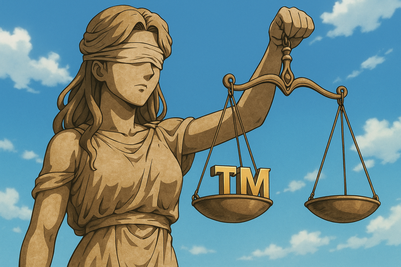 a statue of Lady Justice blindfolded holding scales and measuring the weight of TM