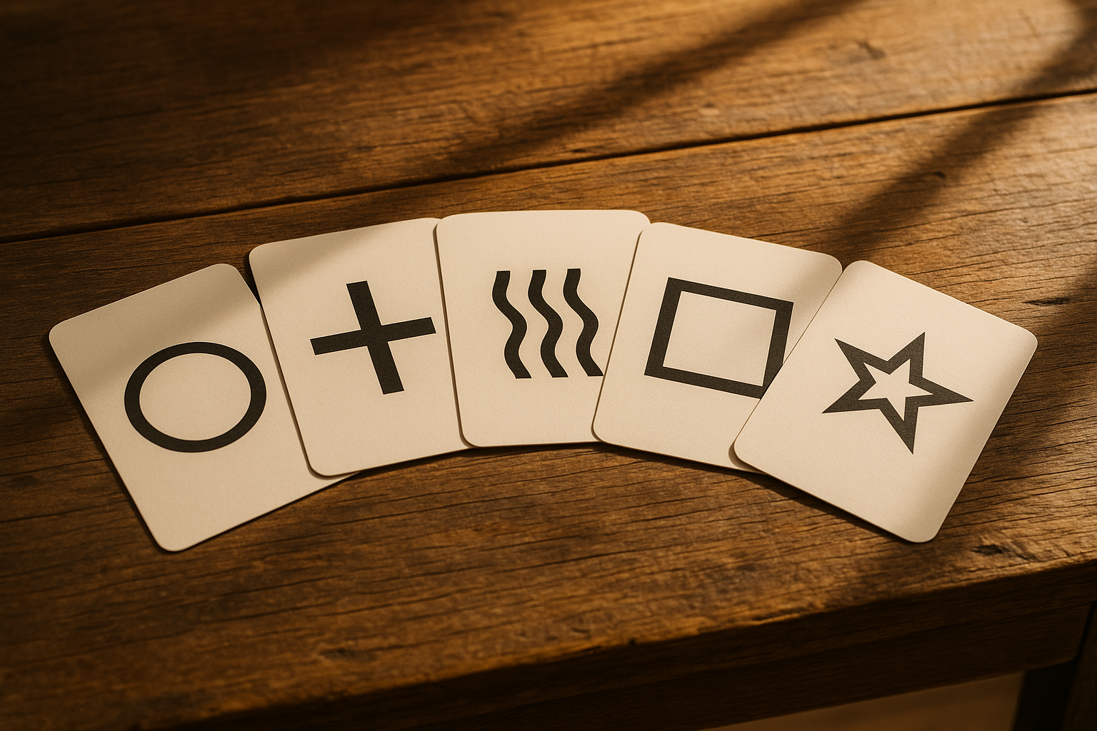 The Zener cards, featuring distinct symbols of a circle, cross, wavy lines, square, and star, are meticulously arranged in a fanned-out pattern across the smooth surface of a rustic wooden table. The tables natural grain
