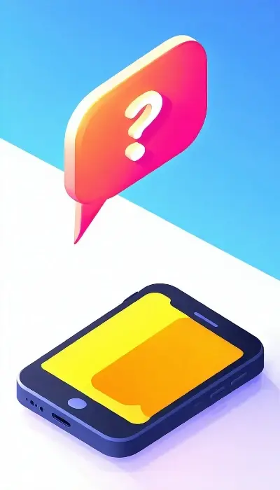 A mobile phone with a large chat bubble above the phone containing a questionmark Use vivid colors